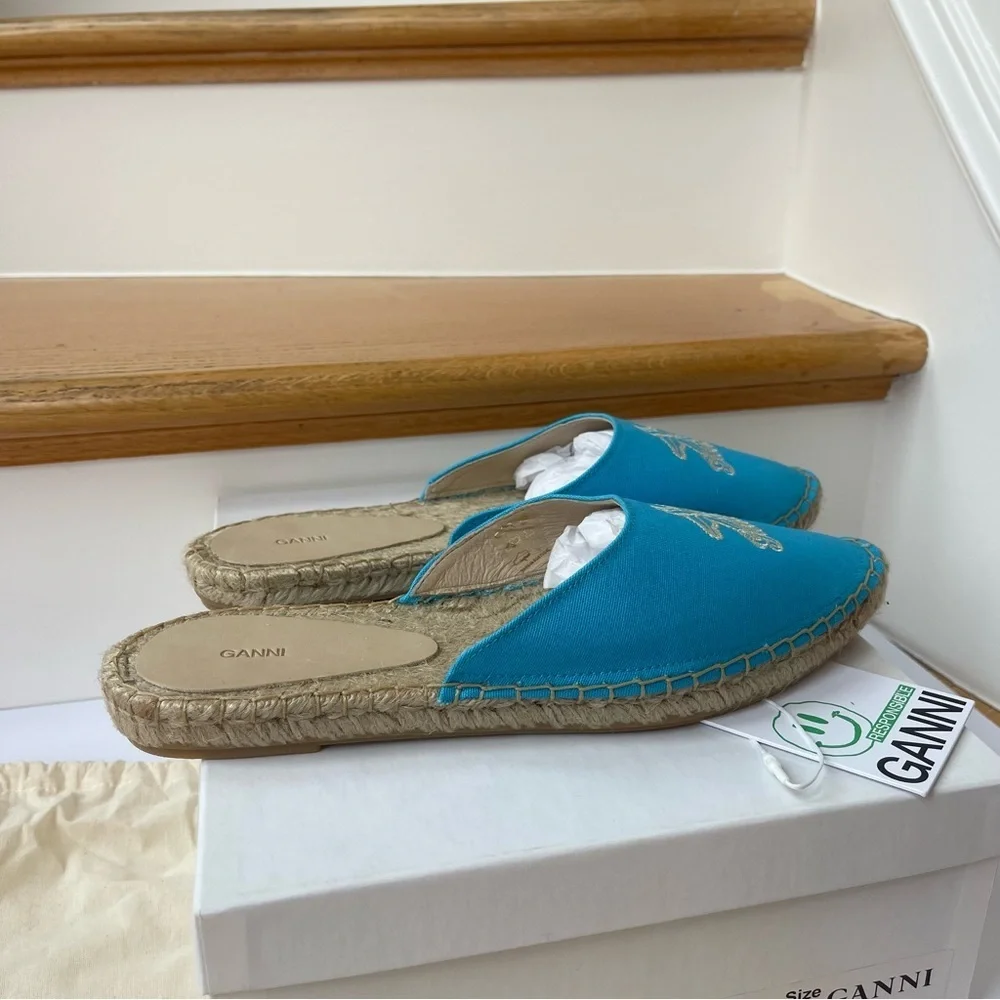 NWT Ganni embroidered espadrilles canvas aqua blue Aquarius starfish slippers